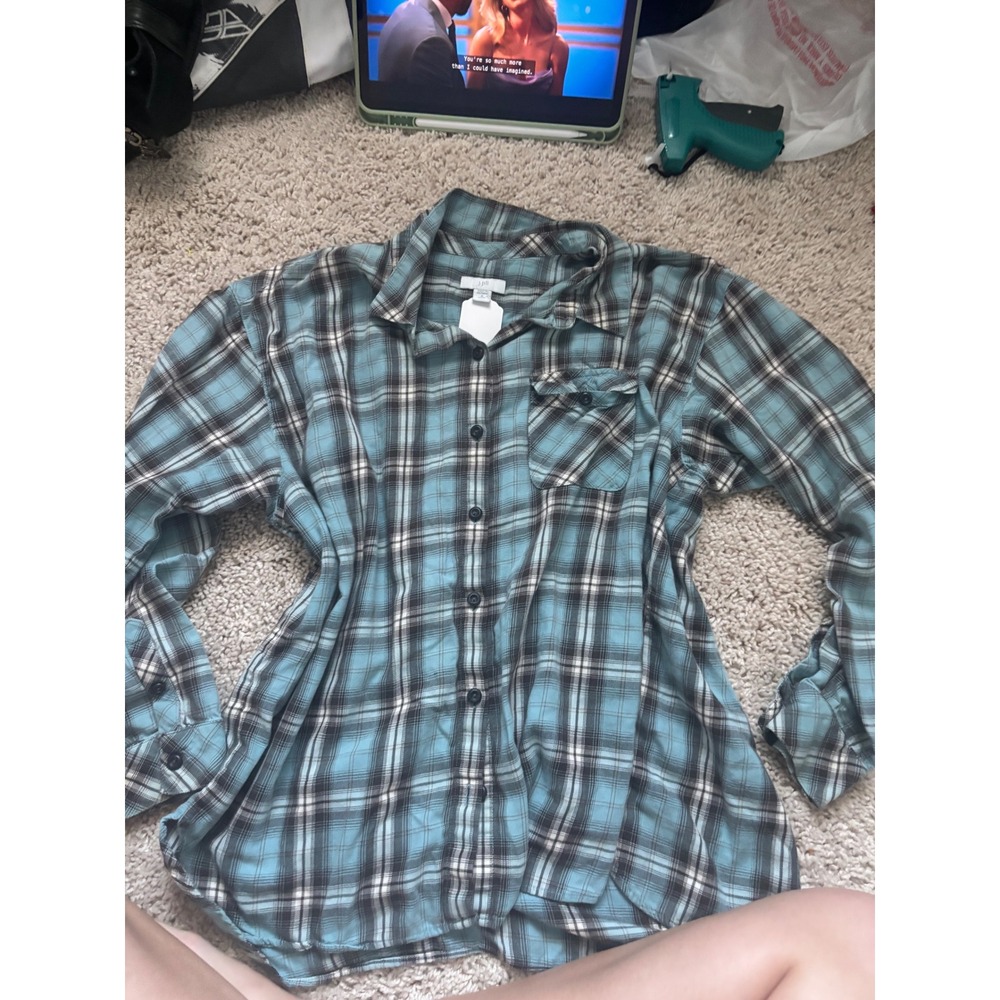 Plaid Flannel Button Down Shirt Blue Tartan Long Sleeve J. Jill XL Petite Top